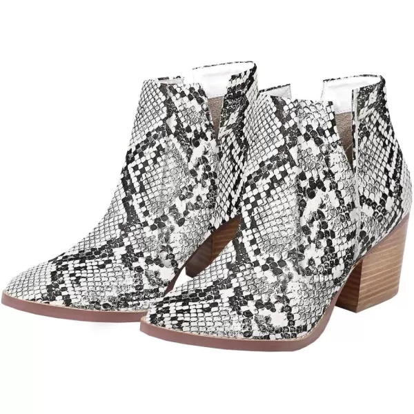 Kathemoi Womens Slip on Ankle Boots V Cutout Pointed Toe Chunky Stacked Mid Heel Booties