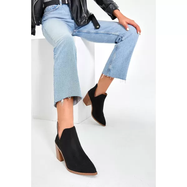 Kathemoi Womens Slip on Ankle Boots V Cutout Pointed Toe Chunky Stacked Mid Heel Booties