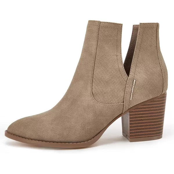 Kathemoi Womens Slip on Ankle Boots V Cutout Pointed Toe Chunky Stacked Mid Heel Booties