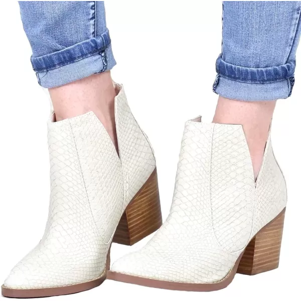 Kathemoi Womens Slip on Ankle Boots V Cutout Pointed Toe Chunky Stacked Mid Heel Booties