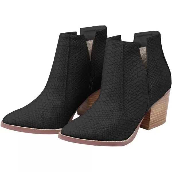Kathemoi Womens Slip on Ankle Boots V Cutout Pointed Toe Chunky Stacked Mid Heel Booties