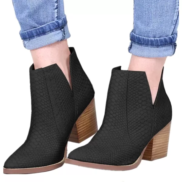 Kathemoi Womens Slip on Ankle Boots V Cutout Pointed Toe Chunky Stacked Mid Heel Booties