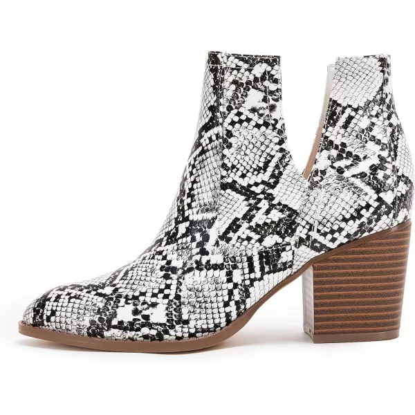 Kathemoi Womens Slip on Ankle Boots V Cutout Pointed Toe Chunky Stacked Mid Heel Booties