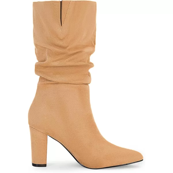 Syktkmx Womens Winter Slouchy High Heel Boots Mid Calf Suede Slip on Chunky Block Pointed Toe Boots