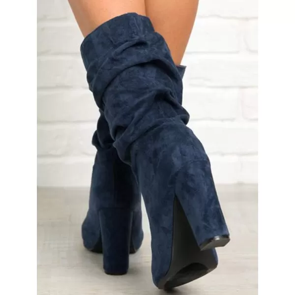 Syktkmx Womens Winter Slouchy High Heel Boots Mid Calf Suede Slip on Chunky Block Pointed Toe Boots