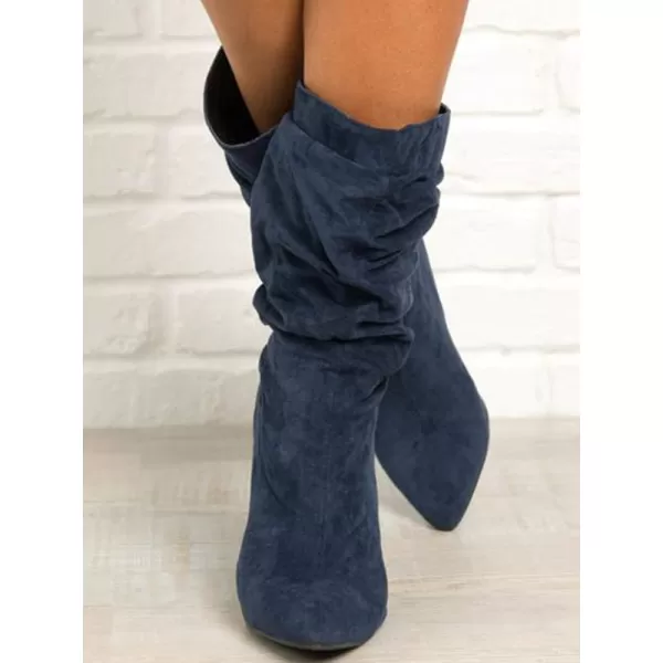 Syktkmx Womens Winter Slouchy High Heel Boots Mid Calf Suede Slip on Chunky Block Pointed Toe Boots