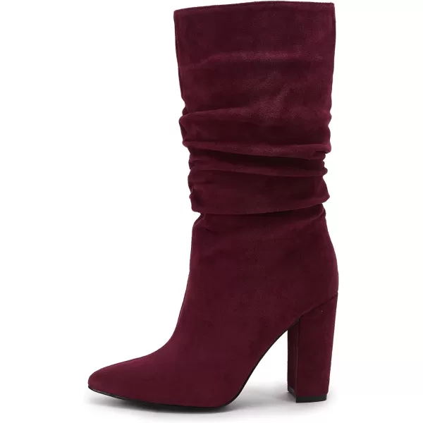 Syktkmx Womens Winter Slouchy High Heel Boots Mid Calf Suede Slip on Chunky Block Pointed Toe Boots