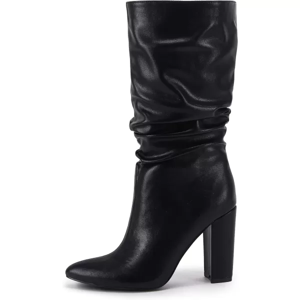 Syktkmx Womens Winter Slouchy High Heel Boots Mid Calf Suede Slip on Chunky Block Pointed Toe Boots