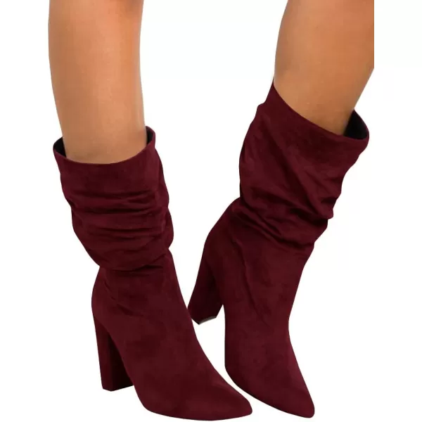Syktkmx Womens Winter Slouchy High Heel Boots Mid Calf Suede Slip on Chunky Block Pointed Toe Boots