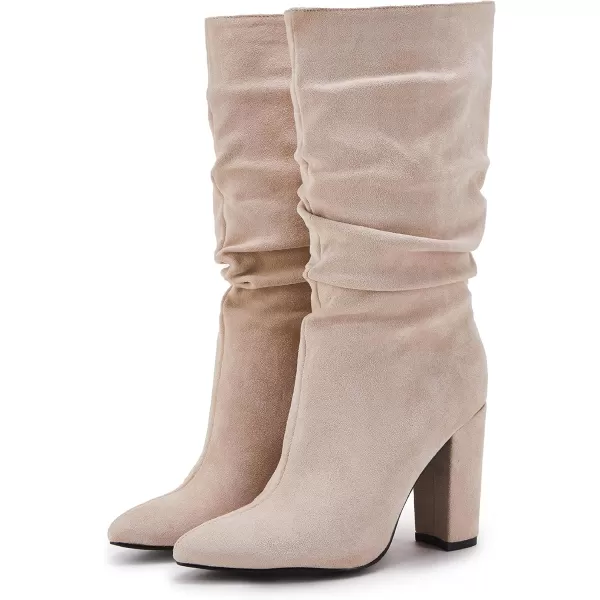 Syktkmx Womens Winter Slouchy High Heel Boots Mid Calf Suede Slip on Chunky Block Pointed Toe Boots