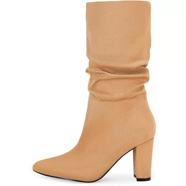 Syktkmx Womens Winter Slouchy High Heel Boots Mid Calf Suede Slip on Chunky Block Pointed Toe Boots