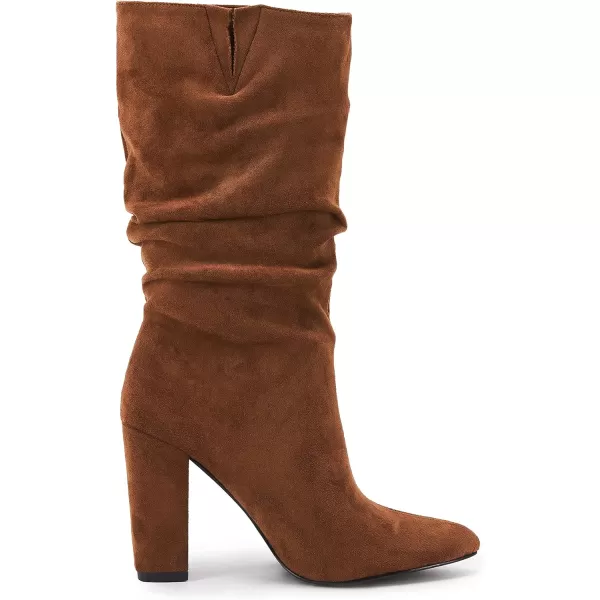 Syktkmx Womens Winter Slouchy High Heel Boots Mid Calf Suede Slip on Chunky Block Pointed Toe Boots