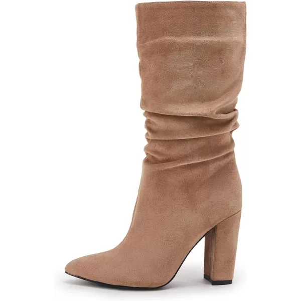 Syktkmx Womens Winter Slouchy High Heel Boots Mid Calf Suede Slip on Chunky Block Pointed Toe Boots