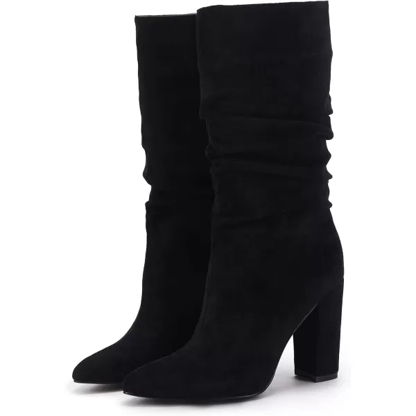 Syktkmx Womens Winter Slouchy High Heel Boots Mid Calf Suede Slip on Chunky Block Pointed Toe Boots