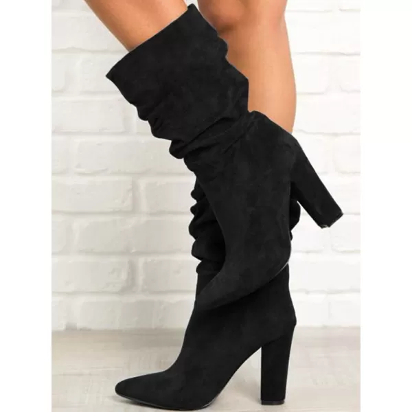 Syktkmx Womens Winter Slouchy High Heel Boots Mid Calf Suede Slip on Chunky Block Pointed Toe Boots