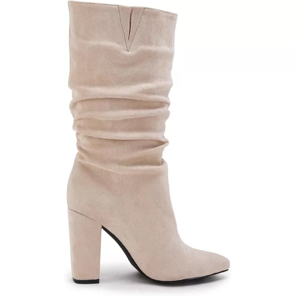 Syktkmx Womens Winter Slouchy High Heel Boots Mid Calf Suede Slip on Chunky Block Pointed Toe Boots