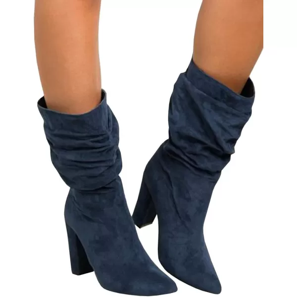 Syktkmx Womens Winter Slouchy High Heel Boots Mid Calf Suede Slip on Chunky Block Pointed Toe Boots