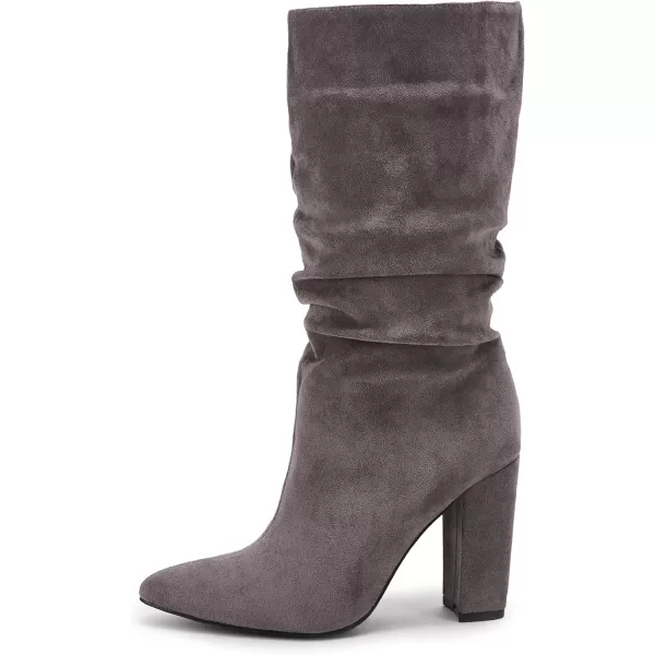 Syktkmx Womens Winter Slouchy High Heel Boots Mid Calf Suede Slip on Chunky Block Pointed Toe Boots