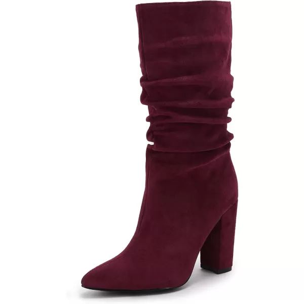 Syktkmx Womens Winter Slouchy High Heel Boots Mid Calf Suede Slip on Chunky Block Pointed Toe Boots