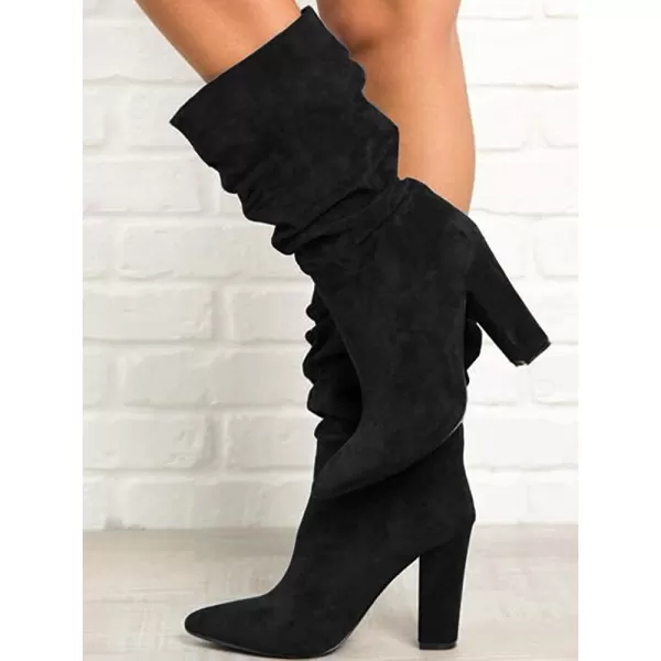Syktkmx Womens Winter Slouchy High Heel Boots Mid Calf Suede Slip on Chunky Block Pointed Toe Boots