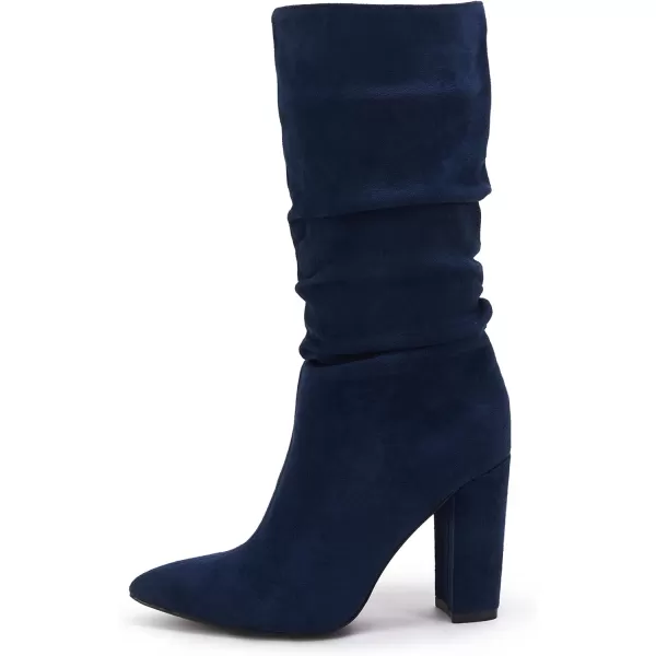Syktkmx Womens Winter Slouchy High Heel Boots Mid Calf Suede Slip on Chunky Block Pointed Toe Boots