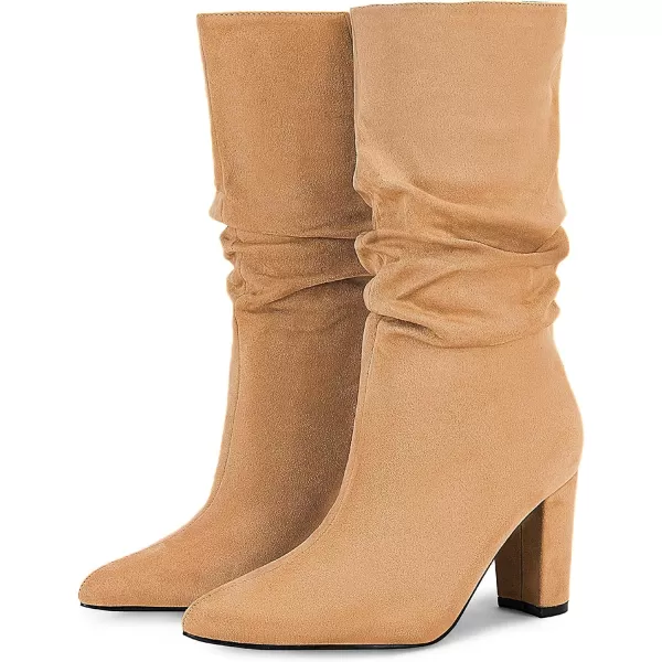 Syktkmx Womens Winter Slouchy High Heel Boots Mid Calf Suede Slip on Chunky Block Pointed Toe Boots