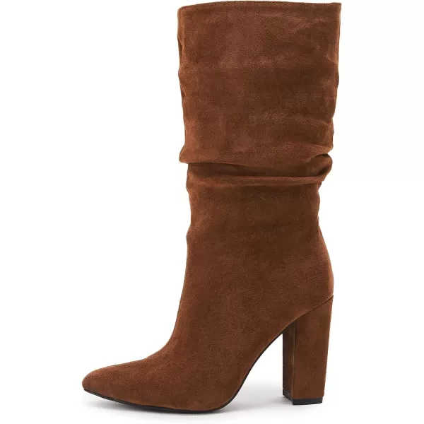 Syktkmx Womens Winter Slouchy High Heel Boots Mid Calf Suede Slip on Chunky Block Pointed Toe Boots