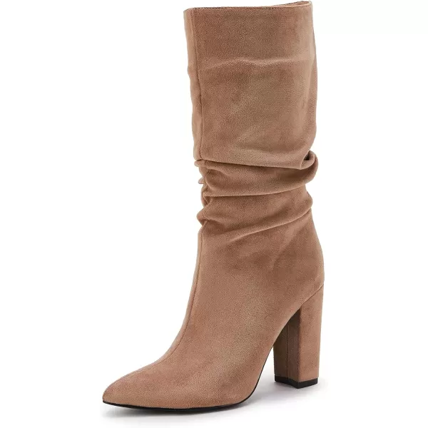 Syktkmx Womens Winter Slouchy High Heel Boots Mid Calf Suede Slip on Chunky Block Pointed Toe Boots