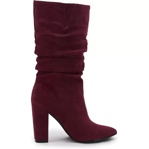 Syktkmx Womens Winter Slouchy High Heel Boots Mid Calf Suede Slip on Chunky Block Pointed Toe Boots