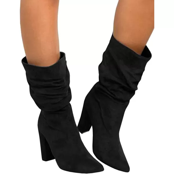 Syktkmx Womens Winter Slouchy High Heel Boots Mid Calf Suede Slip on Chunky Block Pointed Toe Boots