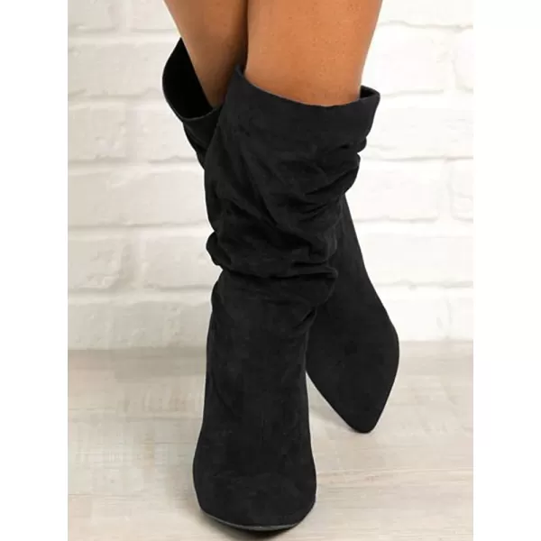 Syktkmx Womens Winter Slouchy High Heel Boots Mid Calf Suede Slip on Chunky Block Pointed Toe Boots