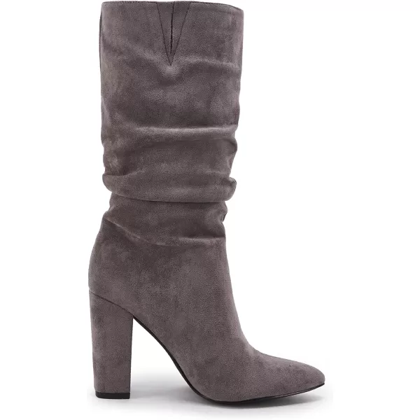 Syktkmx Womens Winter Slouchy High Heel Boots Mid Calf Suede Slip on Chunky Block Pointed Toe Boots