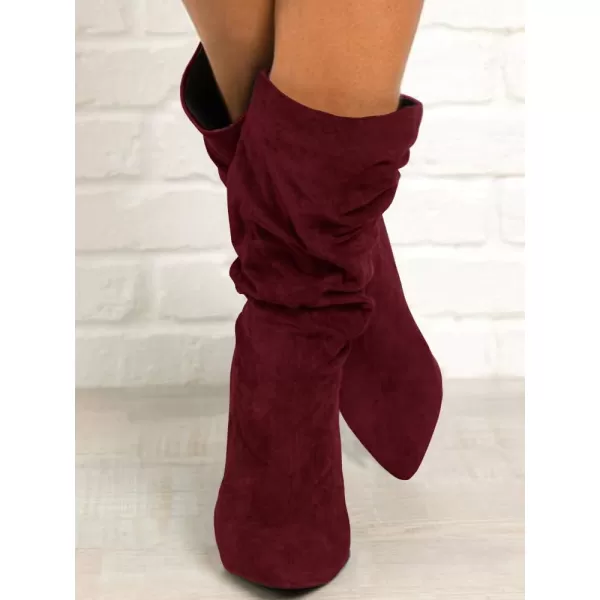 Syktkmx Womens Winter Slouchy High Heel Boots Mid Calf Suede Slip on Chunky Block Pointed Toe Boots
