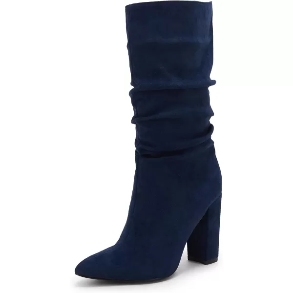 Syktkmx Womens Winter Slouchy High Heel Boots Mid Calf Suede Slip on Chunky Block Pointed Toe Boots