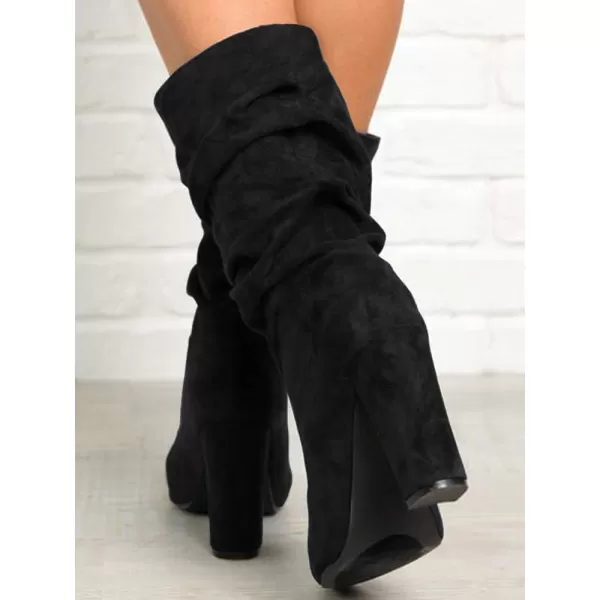 Syktkmx Womens Winter Slouchy High Heel Boots Mid Calf Suede Slip on Chunky Block Pointed Toe Boots