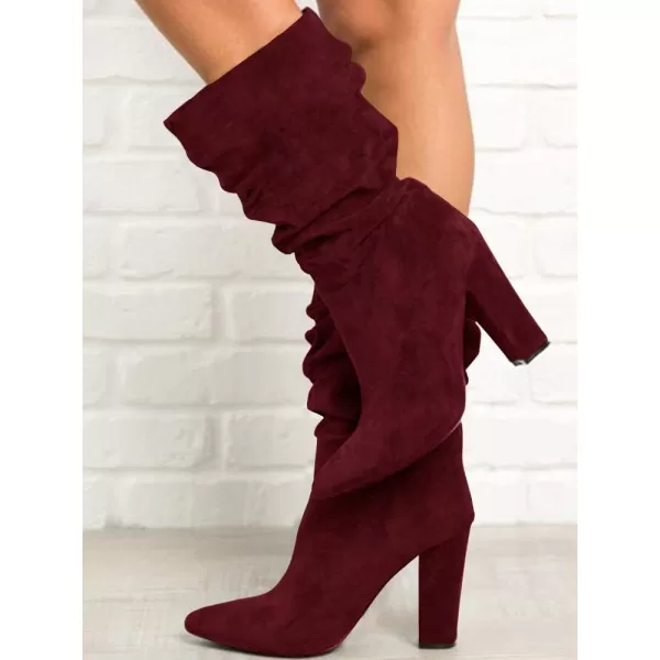 Syktkmx Womens Winter Slouchy High Heel Boots Mid Calf Suede Slip on Chunky Block Pointed Toe Boots