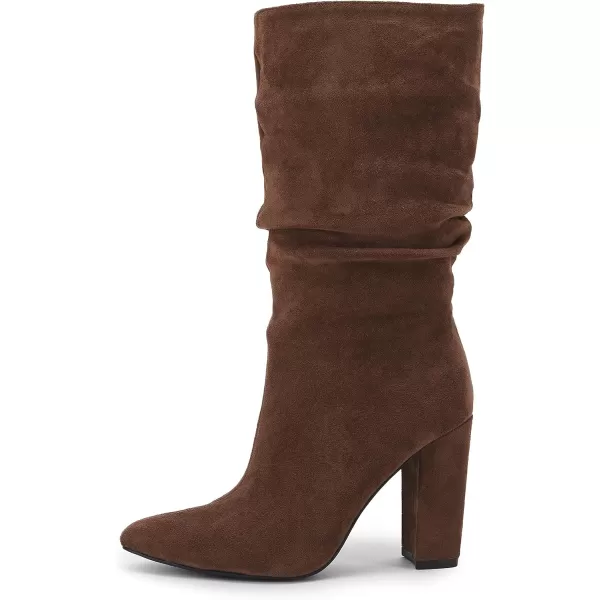 Syktkmx Womens Winter Slouchy High Heel Boots Mid Calf Suede Slip on Chunky Block Pointed Toe Boots