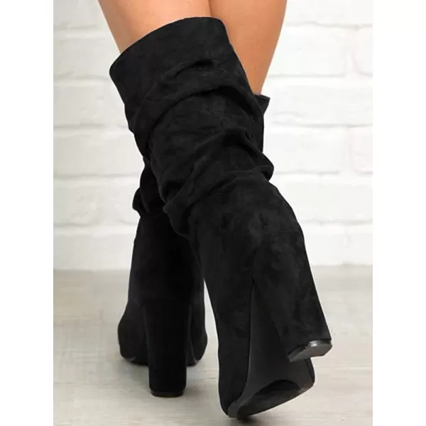 Syktkmx Womens Winter Slouchy High Heel Boots Mid Calf Suede Slip on Chunky Block Pointed Toe Boots