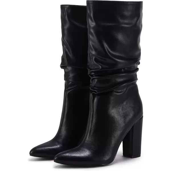 Syktkmx Womens Winter Slouchy High Heel Boots Mid Calf Suede Slip on Chunky Block Pointed Toe Boots