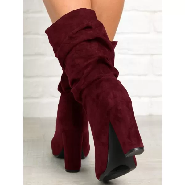 Syktkmx Womens Winter Slouchy High Heel Boots Mid Calf Suede Slip on Chunky Block Pointed Toe Boots