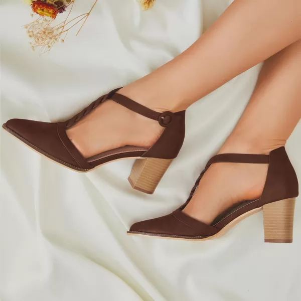 Womens Block Chunky Heels T Strap Dress Shoes Closed Toe Braided Stacked Heeled Sandals Pumps
