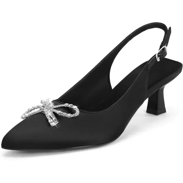 Coutgo Womens Kitten Heels Satin Pumps Slingback Pointed Toe Rhinestone Bow Wedding Dress Shoes