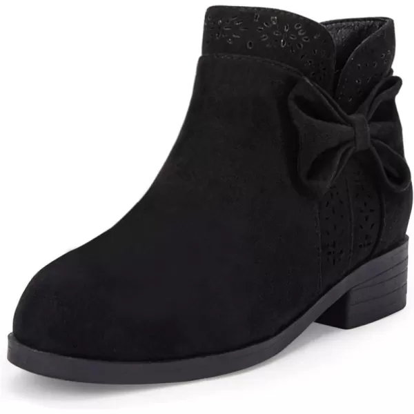 Girls Kids Bow Knot Ankle Boots Faux Suede V Cutout Low Stacked Heel Side Zipper Chelsea Shoes