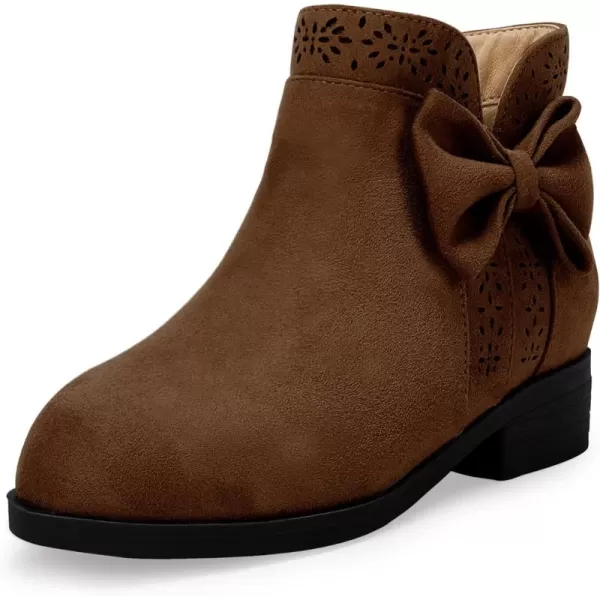 Girls Kids Bow Knot Ankle Boots Faux Suede V Cutout Low Stacked Heel Side Zipper Chelsea Shoes