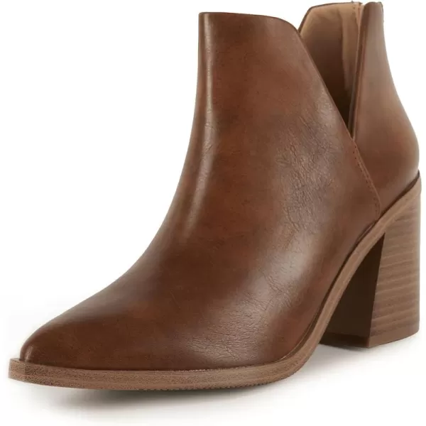 Kathemoi Womens Slip on Ankle Boots V Cutout Pointed Toe Chunky Stacked Mid Heel Booties