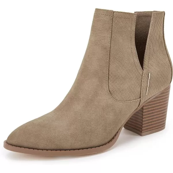 Kathemoi Womens Slip on Ankle Boots V Cutout Pointed Toe Chunky Stacked Mid Heel Booties