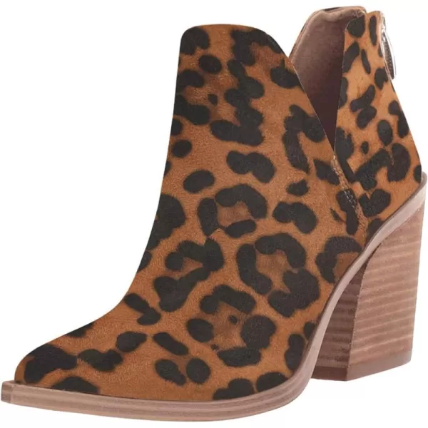 Kathemoi Womens Slip on Ankle Boots V Cutout Pointed Toe Chunky Stacked Mid Heel Booties