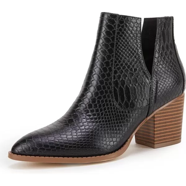 Kathemoi Womens Slip on Ankle Boots V Cutout Pointed Toe Chunky Stacked Mid Heel Booties