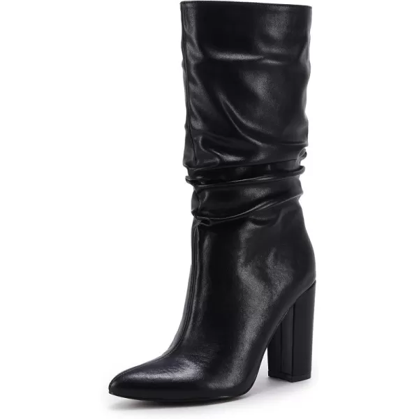 Syktkmx Womens Winter Slouchy High Heel Boots Mid Calf Suede Slip on Chunky Block Pointed Toe Boots