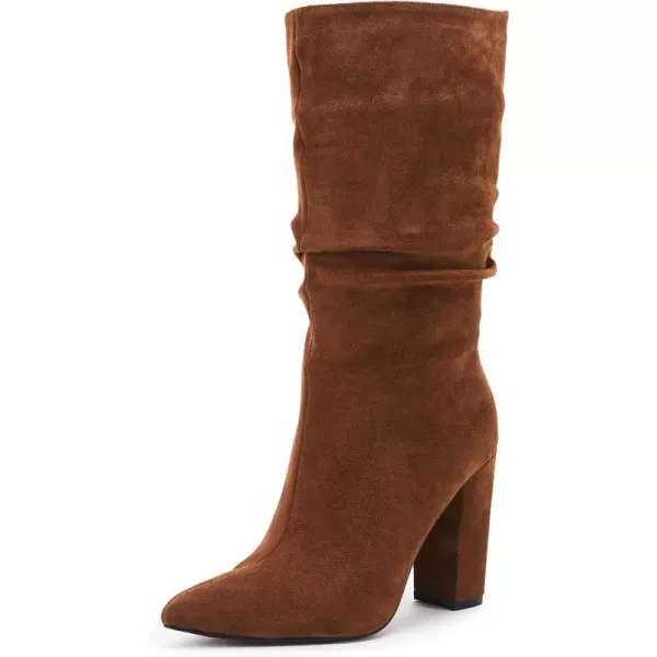 Syktkmx Womens Winter Slouchy High Heel Boots Mid Calf Suede Slip on Chunky Block Pointed Toe Boots